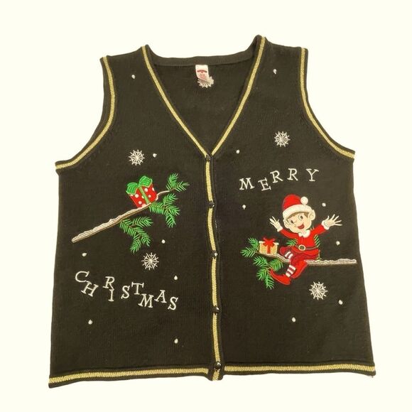 Holiday Time Christmas Sweater Vest Black Red Green Gold Metallic Size XL 16-18 - Picture 1 of 6
